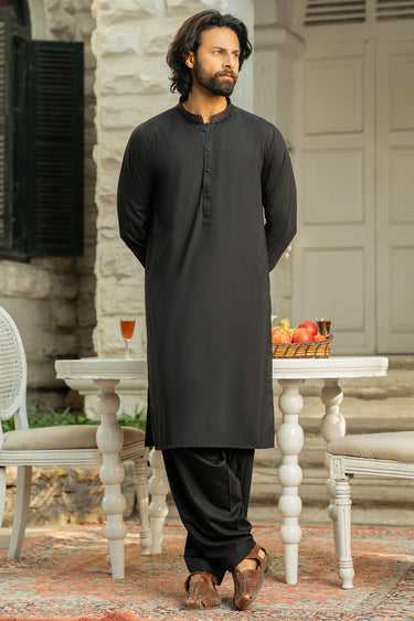 Black Embroidered Wash & Wear Shalwar Kameez For Men