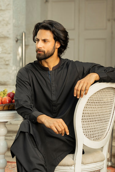 Black Embroidered Wash & Wear Shalwar Kameez For Men