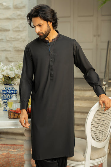 Black Embroidered Wash & Wear Shalwar Kameez For Men