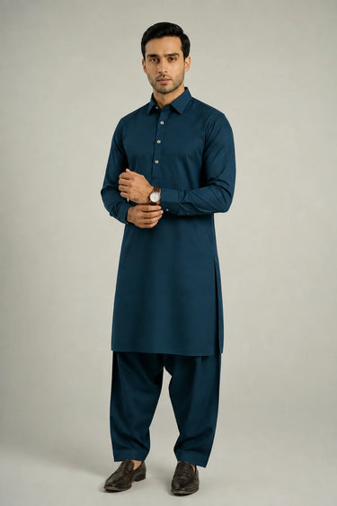 MEN'S BLENDED KAMEEZ SHALWAR – TEAL GREEN