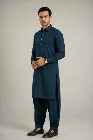 MEN'S BLENDED KAMEEZ SHALWAR – TEAL GREEN