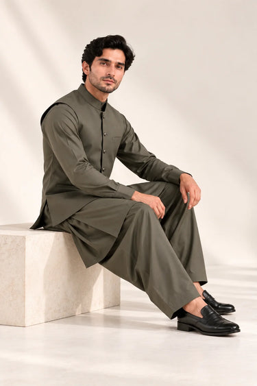Men's Blended Kameez Shalwar with Waistcoat – OLIVE