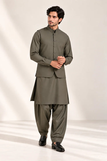 Men's Blended Kameez Shalwar with Waistcoat – OLIVE