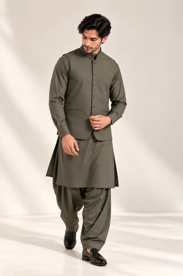 Men's Blended Kameez Shalwar with Waistcoat – OLIVE
