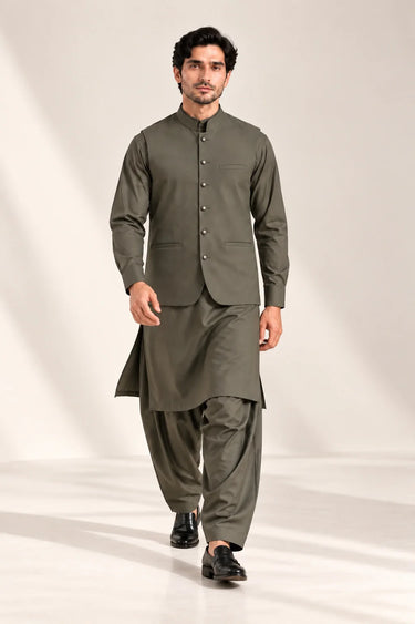 Men's Blended Kameez Shalwar with Waistcoat – OLIVE