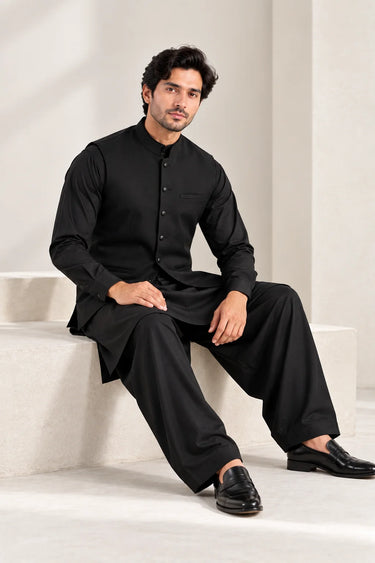 Men's Blended Kameez Shalwar with Waistcoat – BLACK