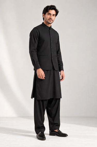 Men's Blended Kameez Shalwar with Waistcoat – BLACK