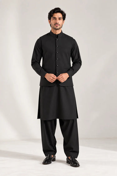 Men's Blended Kameez Shalwar with Waistcoat – BLACK