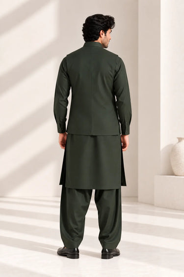 Men's Blended Kameez Shalwar with Waistcoat – BOTTLE GREEN