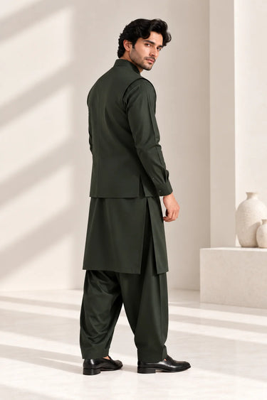 Men's Blended Kameez Shalwar with Waistcoat – BOTTLE GREEN