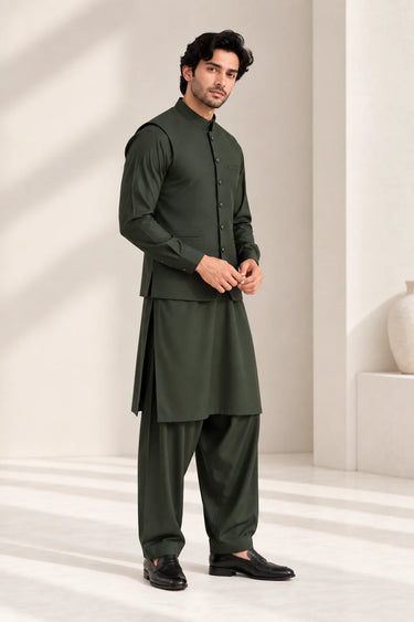 Men's Blended Kameez Shalwar with Waistcoat – BOTTLE GREEN