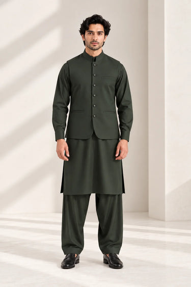 Men's Blended Kameez Shalwar with Waistcoat – BOTTLE GREEN