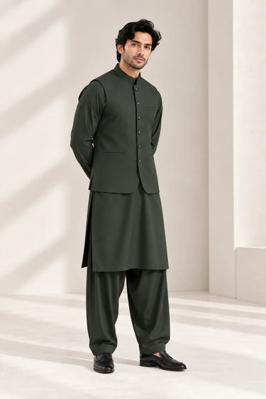 Men's Blended Kameez Shalwar with Waistcoat – BOTTLE GREEN