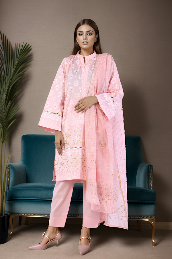 3 Pc Block Printed Cambric Stitched Suit - Prime Point Store