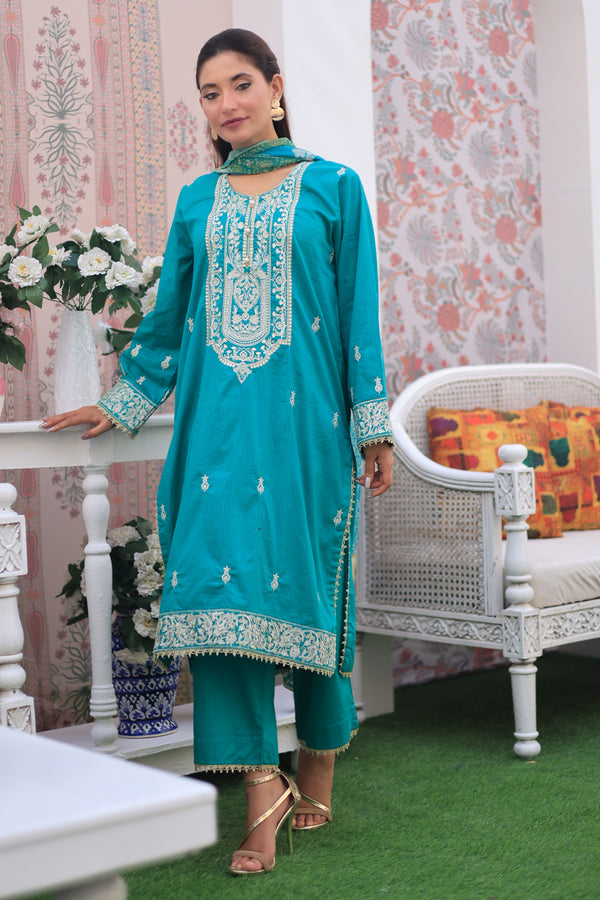 3 Pc Dobby Embroidered Luxury Stitched Suit