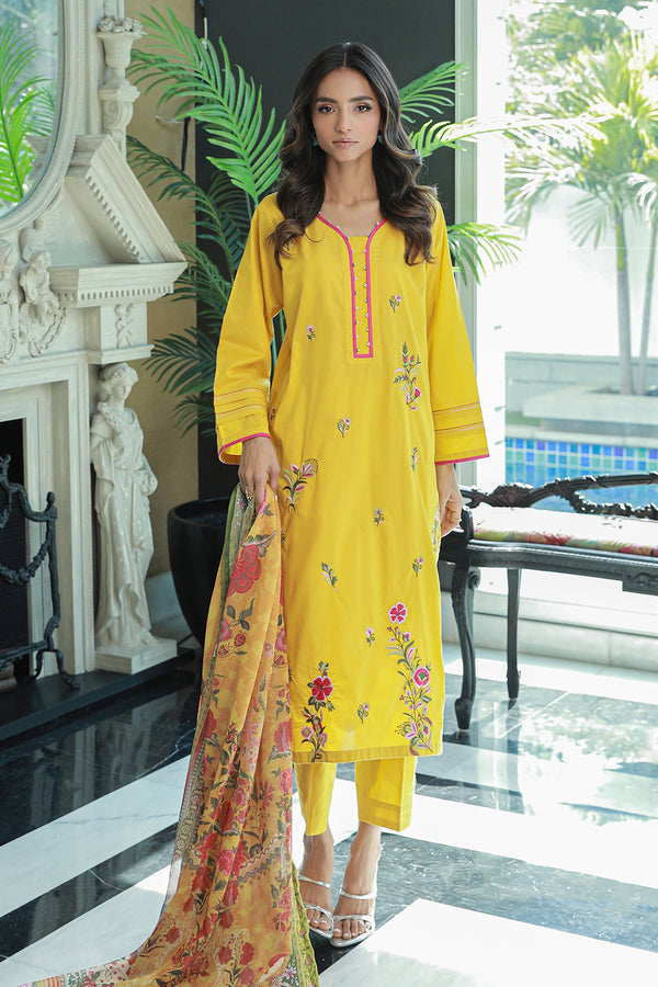 3 Pc Cambric Dyed Embroidered Stitched Suit