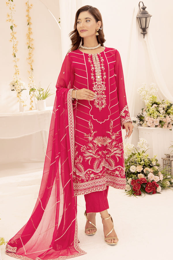 3 Pc Embroidered Chiffon Stitched Suit