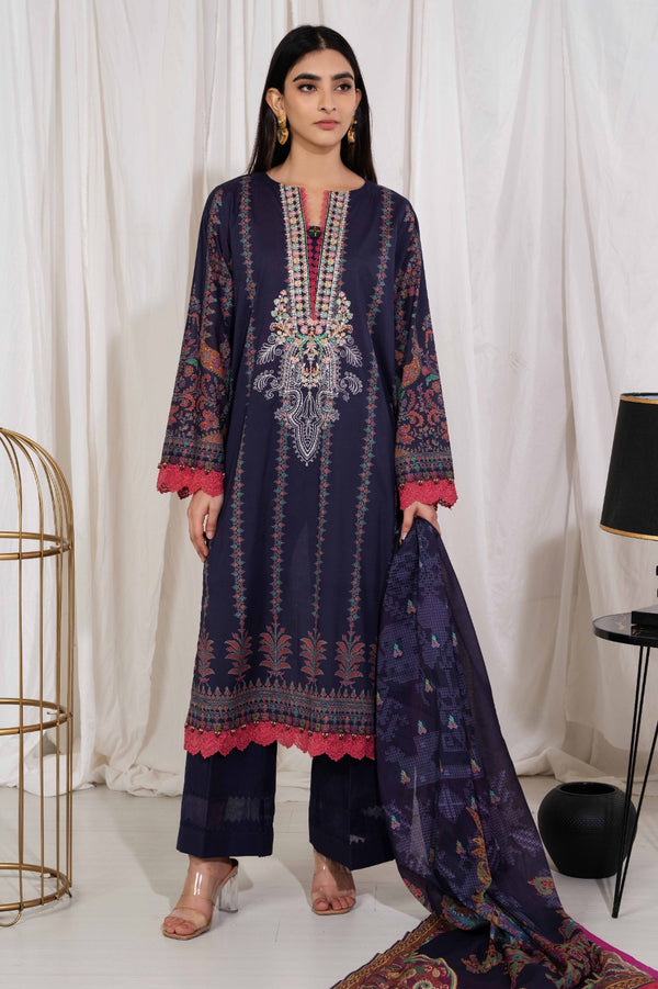 3 Pc Embroidered Lawn Luxury Stitched Suit - Prime Point Store