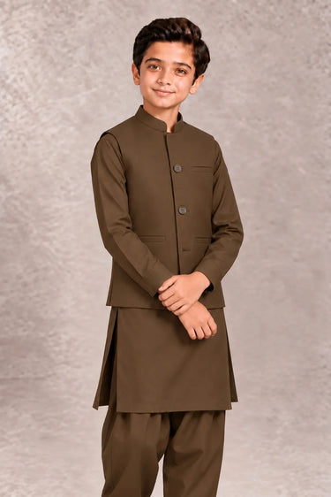 Boys Kameez Shalwar & Waistcoat Combo – coffee brown