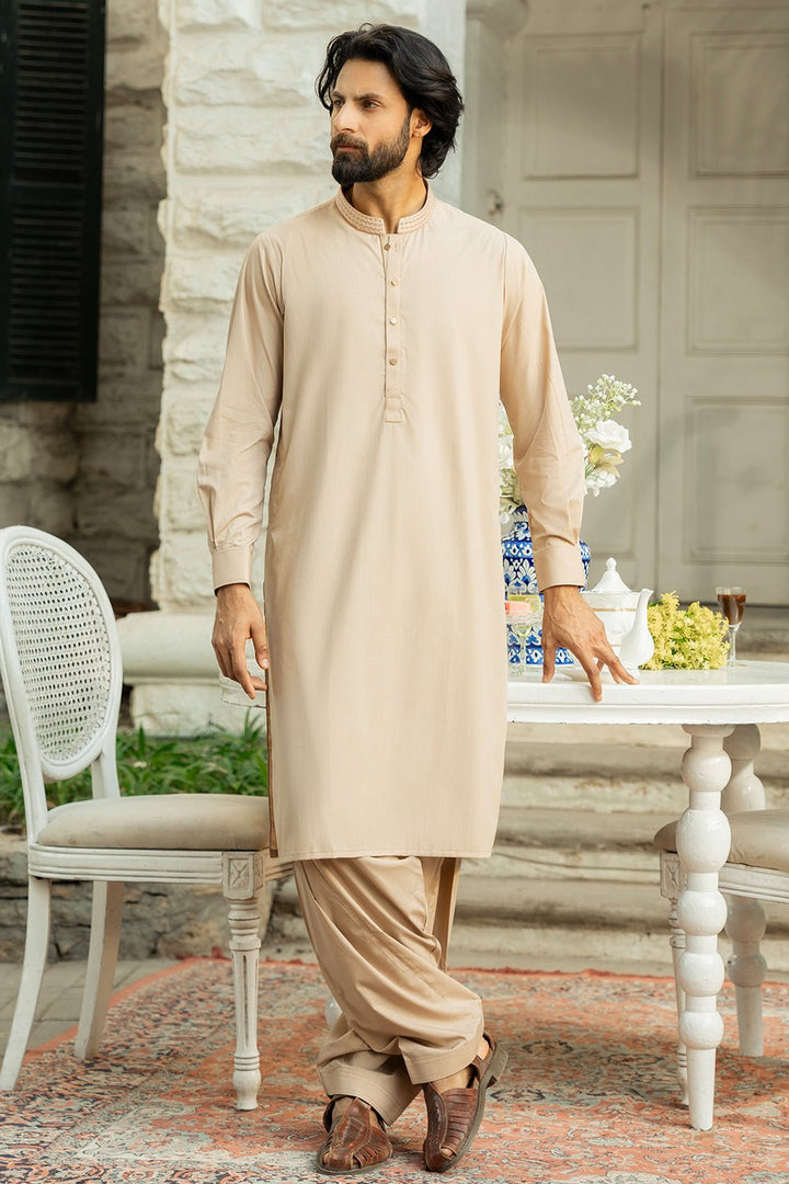 Beige Embroidered Wash & Wear Shalwar Kameez For Men - Prime Point Store