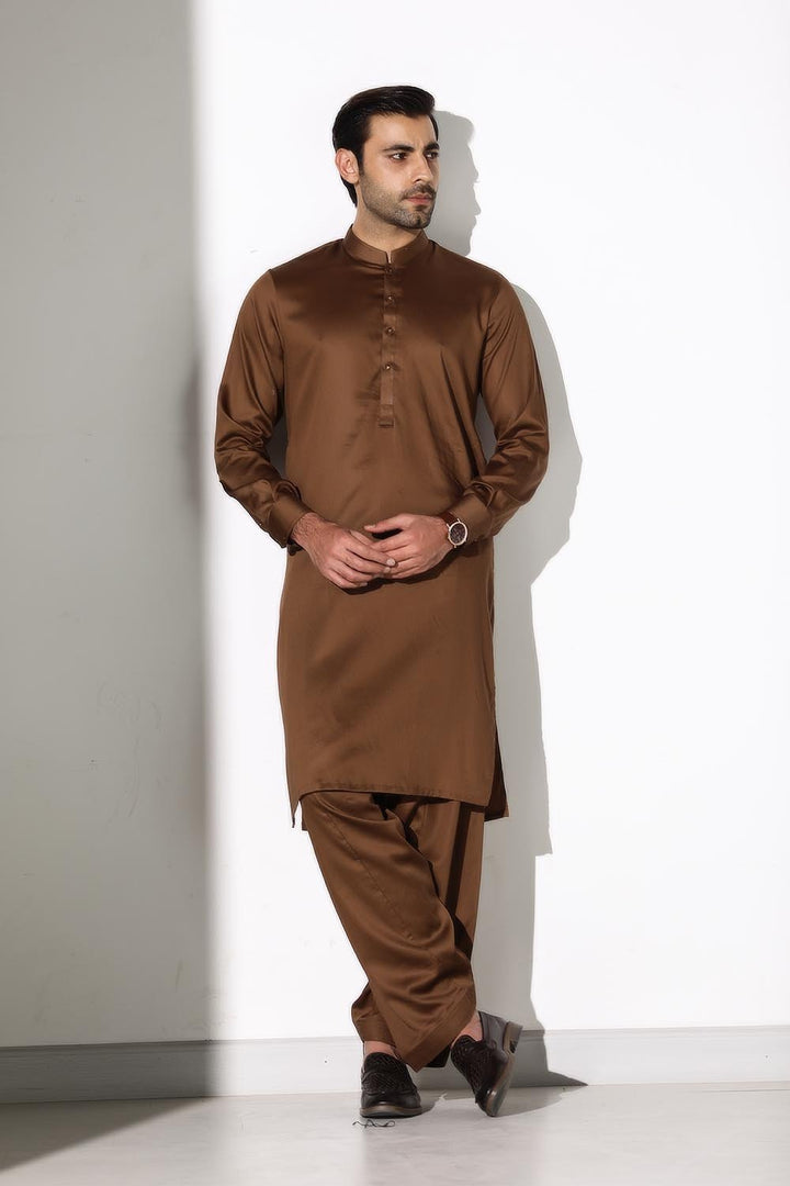 Brown Blended Casual Shalwar Kameez For Men - Prime Point Store