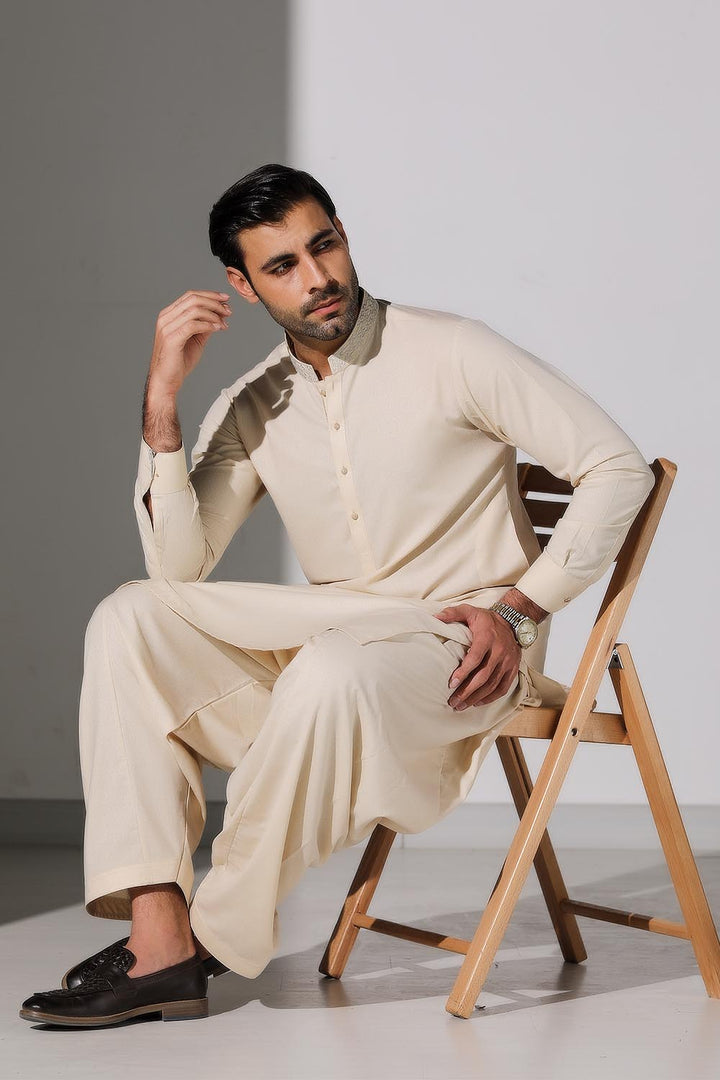 Cream Blended Casual Shalwar Kameez For Men - Prime Point Store