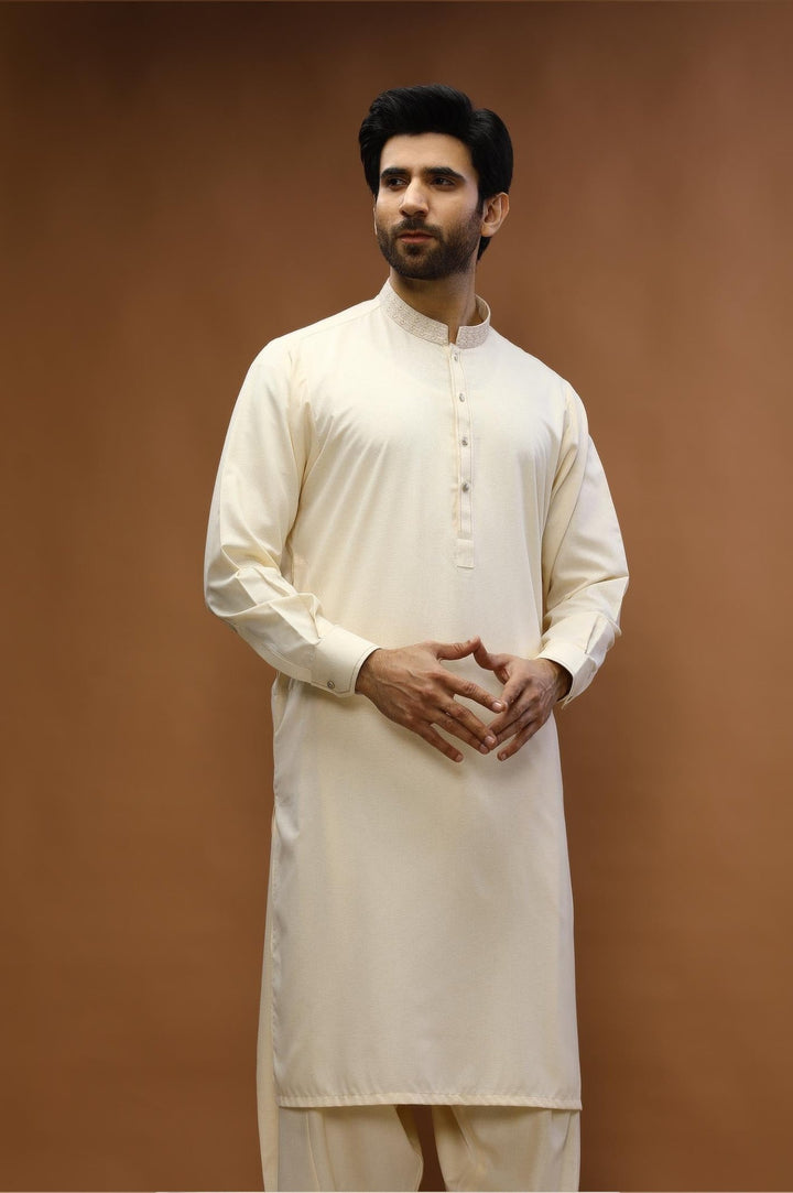 Cream Blended Casual Shalwar Kameez For Men - Prime Point Store