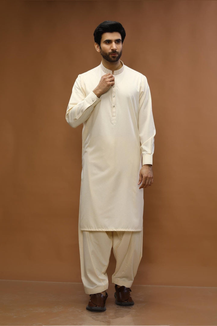 Cream Blended Casual Shalwar Kameez For Men - Prime Point Store