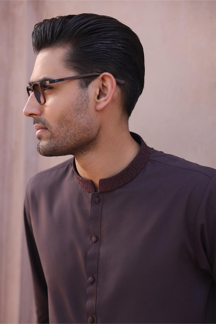 Dark Brown Blended Embroidered Shalwar Kameez For Men - Prime Point Store