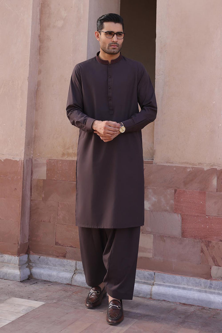 Dark Brown Blended Embroidered Shalwar Kameez For Men - Prime Point Store