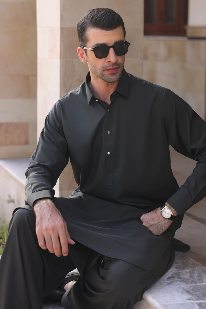 Dark Green Wash & Wear Casual Shalwar Kameez For Men - Prime Point Store