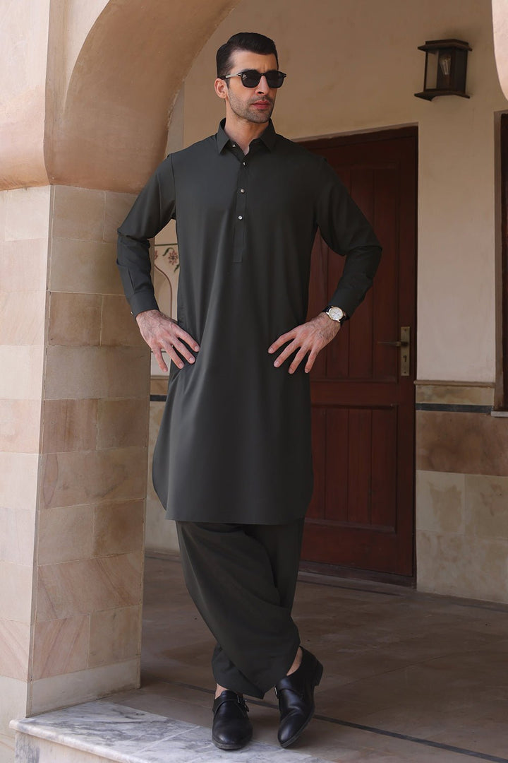 Dark Green Wash & Wear Casual Shalwar Kameez For Men - Prime Point Store