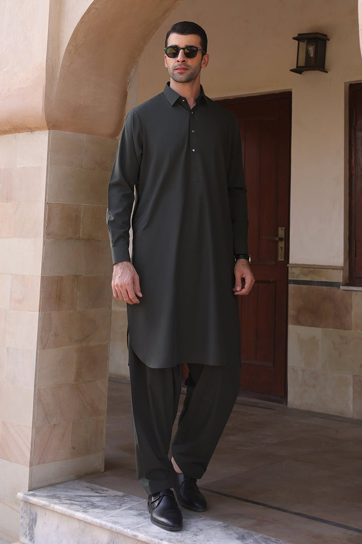 Dark Green Wash & Wear Casual Shalwar Kameez For Men - Prime Point Store