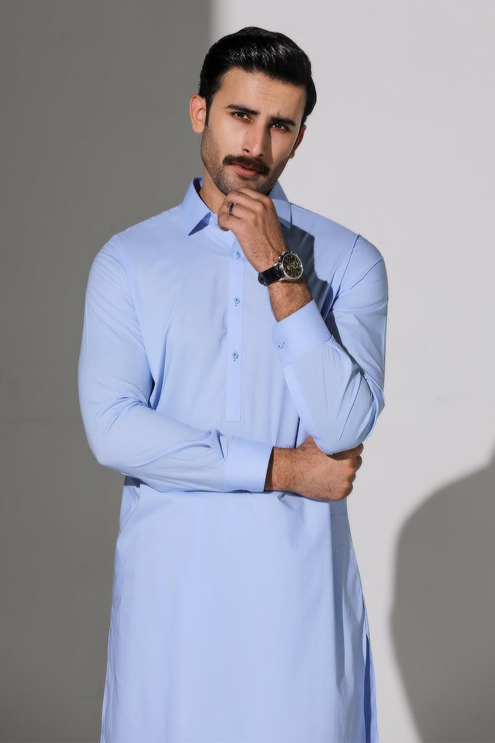 Light Blue Blended Casual Shalwar Kameez For Men - Prime Point Store