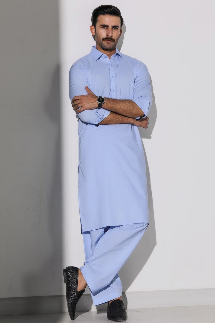 Light Blue Blended Casual Shalwar Kameez For Men - Prime Point Store