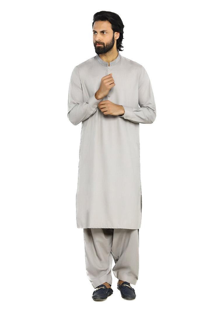 Light Grey Embroidered Wash & Wear Shalwar Kameez For Men - Prime Point Store