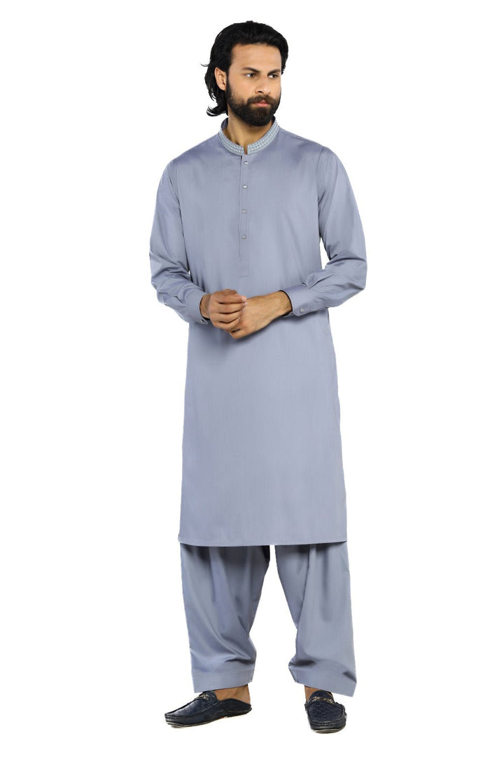 Light Grey Embroidered Wash & Wear Shalwar Kameez For Men - Prime Point Store