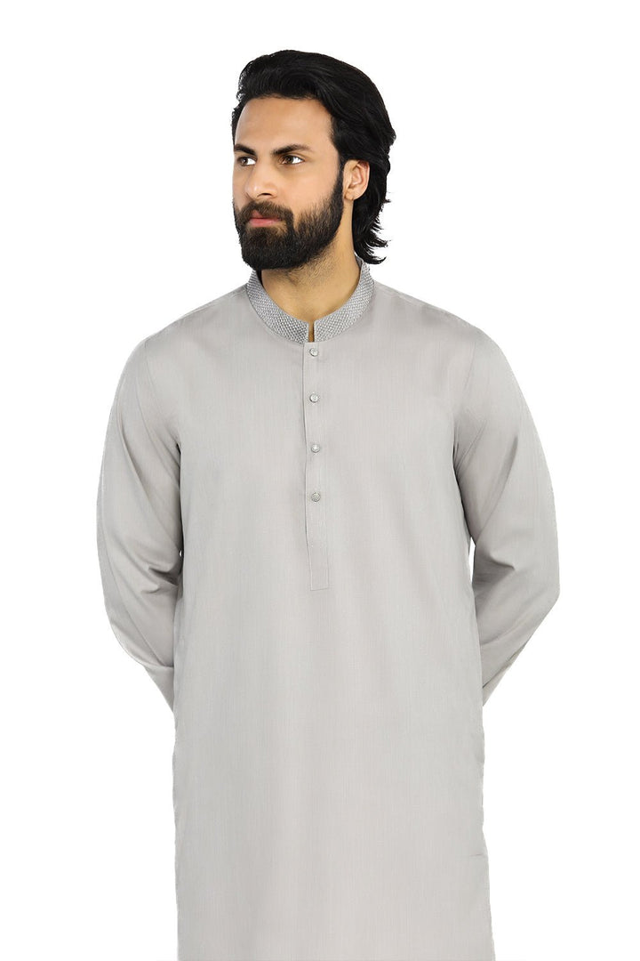 Light Grey Embroidered Wash & Wear Shalwar Kameez For Men - Prime Point Store