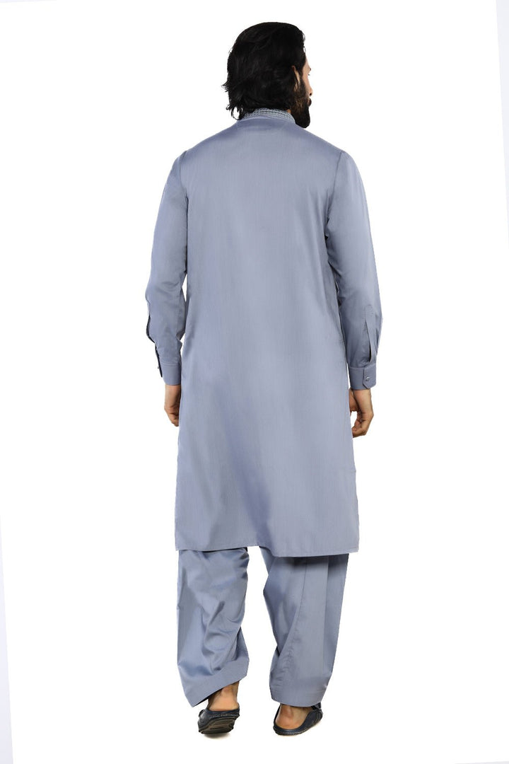 Light Grey Embroidered Wash & Wear Shalwar Kameez For Men - Prime Point Store