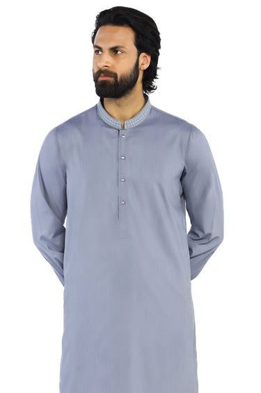 Light Grey Embroidered Wash & Wear Shalwar Kameez For Men - Prime Point Store