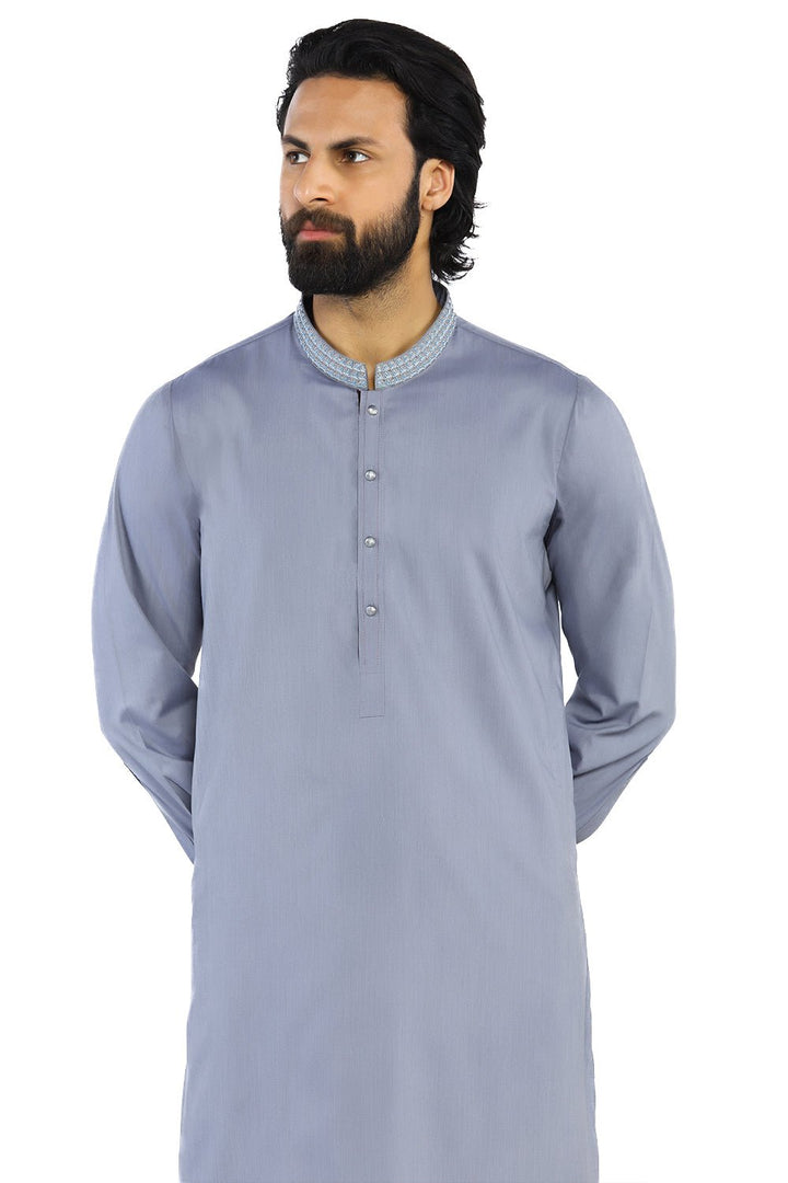 Light Grey Embroidered Wash & Wear Shalwar Kameez For Men - Prime Point Store