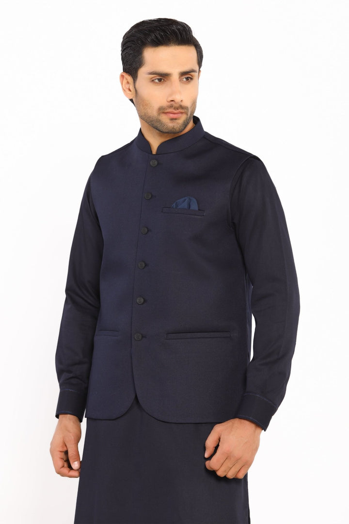 Navy Blue Blended Plain Waist Coat For Men - Prime Point Store