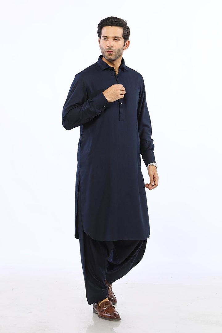 Navy Blue Texture Blended Casual Shalwar Kameez For Men - Prime Point Store