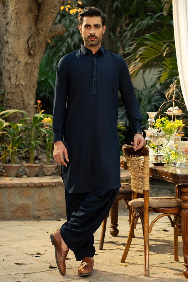 Navy Blue Wash & Wear Shalwar Kameez For Men - Prime Point Store