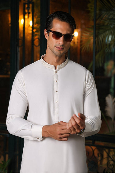 Off White PV Embroidered Kameez Shalwar For Men - Prime Point Store