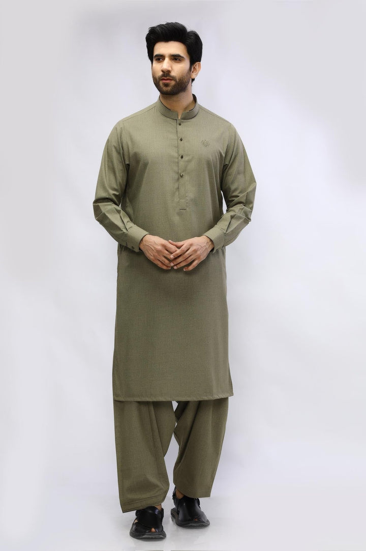 Olive Blended Casual Shalwar Kameez For Men - Prime Point Store