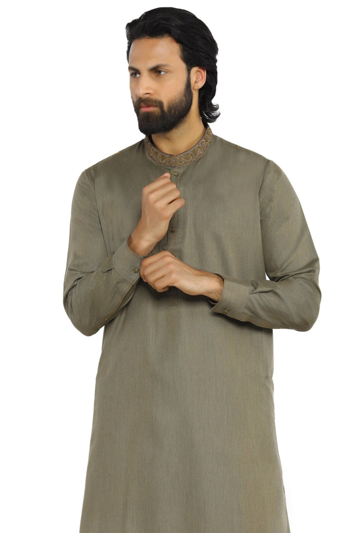 Olive Green Embroidered Wash & Wear Shalwar Kameez For Men - Prime Point Store