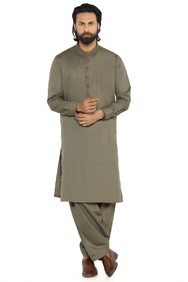 Olive Green Embroidered Wash & Wear Shalwar Kameez For Men - Prime Point Store