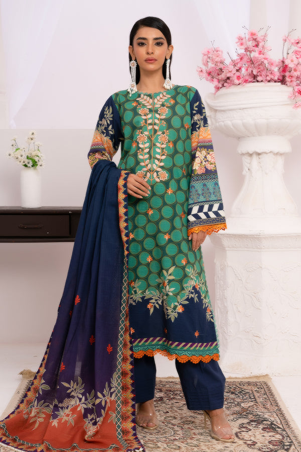 2 Pc Printed Embroidered Slub Khaddar Unstitched - Prime Point Store