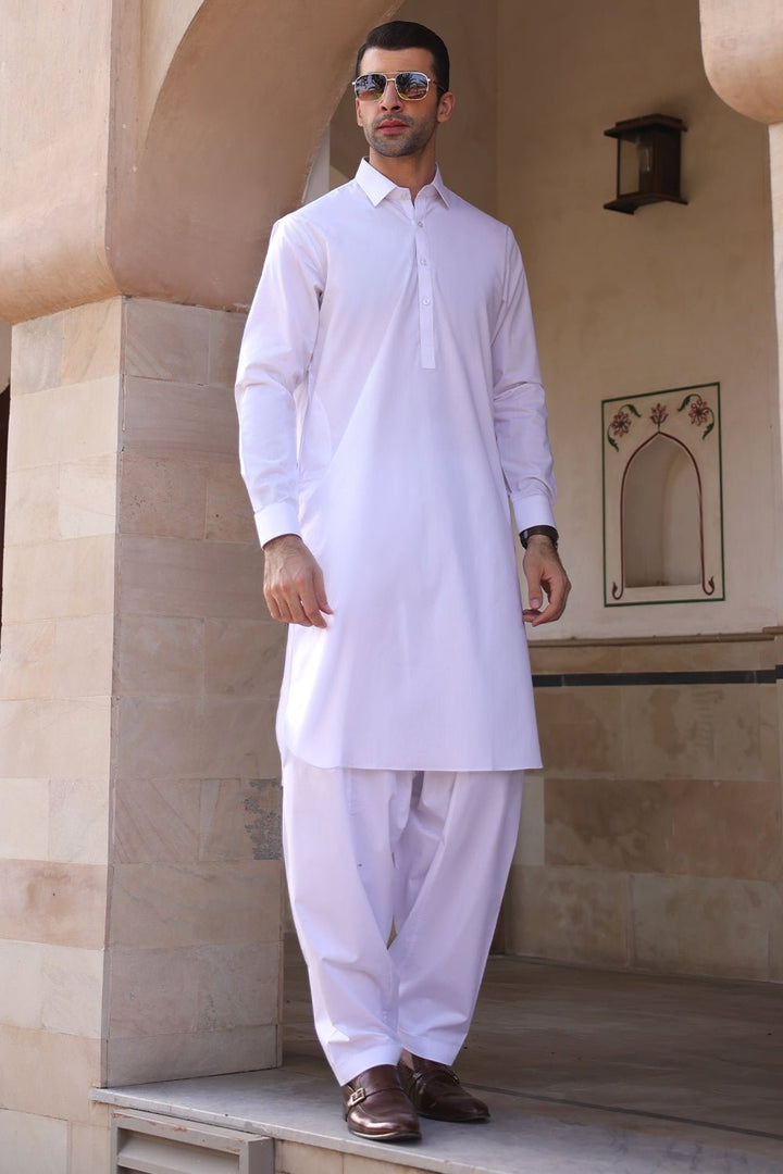 White Cotton Casual Shalwar Kameez For Men - Prime Point Store